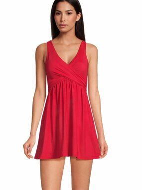 LANDS' END NWOT Slendersuit Wrap Swim Dress Swimsuit V-Neck UPF50 Red Women's 10